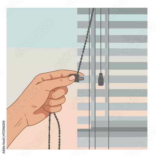 Hand adjusts beaded chain on window blinds for light control and privacy