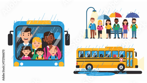 Animated scenes of rainy day journeys happy passengers on a city bus, a diverse group waiting at a wet bus stop, and a school bus splashing through puddles