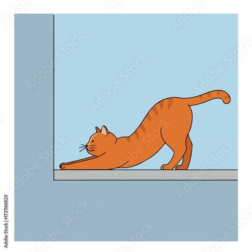 Orange cartoon cat stretching on a ledge against a light blue background