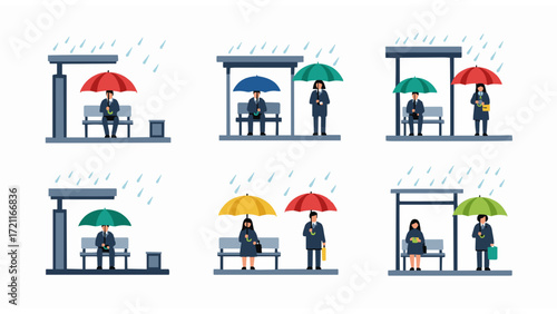Waiting in the Rain People Sheltering at Bus Stops with Umbrellas in Bad Weather