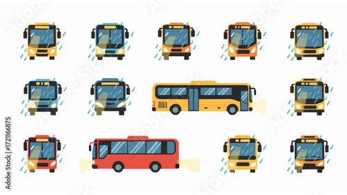 Collection of Colorful Bus Icons for Transportation and City Life Concepts