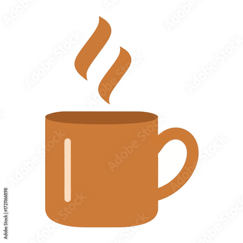 Simple flat illustration of a steaming brown mug, ideal for conveying a sense of warmth and comfort from a hot beverage such as coffee or tea, perfect for digital design elements
