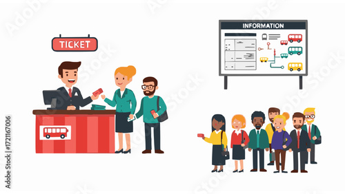 Bus Station Ticket Purchase and Passenger Queue Illustration
