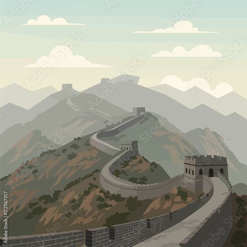 Great Wall illustration, winding over mountain peaks under cloudy sky
