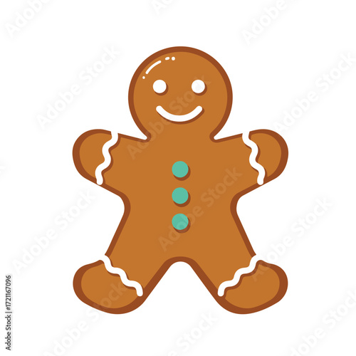 Cartoon gingerbread man with frosting edges and three cyan buttons