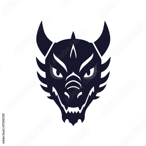 Stylized dark dragon head with menacing eyes, horns, and sharp teeth