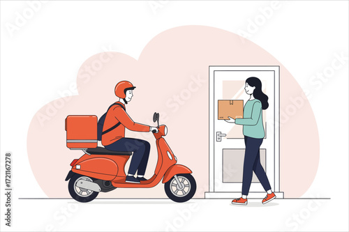 Courier delivering package to customer at doorstep illustration