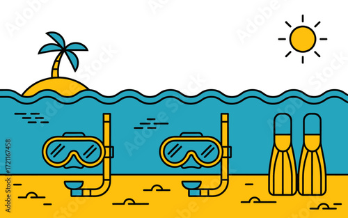 Tropical Island Getaway with Snorkeling Gear and Sunny Skies for Summer Vacation Relaxation