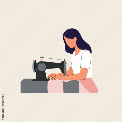 Woman at sewing machine, white shirt, peach skirt, neutral background