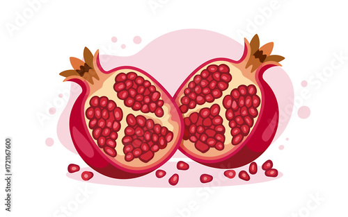 Two halves of a juicy pomegranate illustration with bright red seeds and pale pink background for healthy eating concepts and vegetarian lifestyle