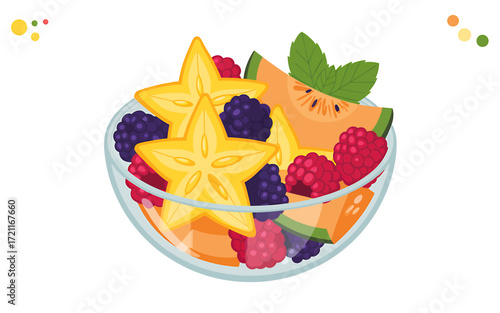 Bowl of fresh fruit salad with starfruit blackberries raspberries and cantaloupe perfect for healthy eating and vibrant lifestyle