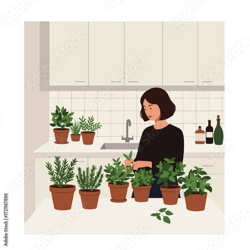 Woman tending potted herbs in a kitchen