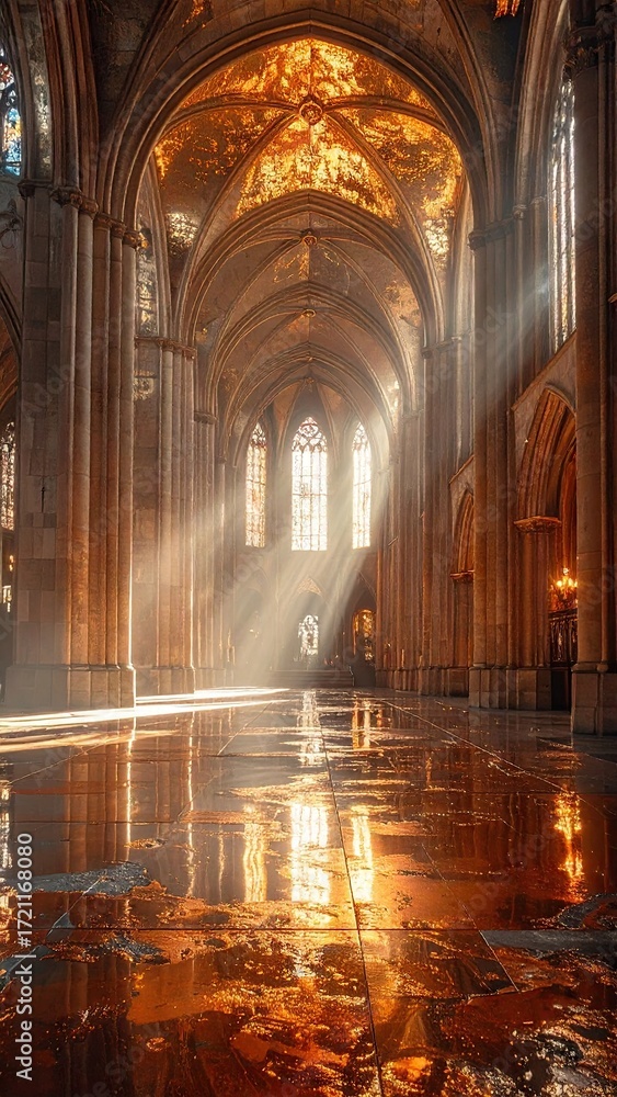 Fototapeta premium Sunlit Cathedral Interior with Golden Reflections