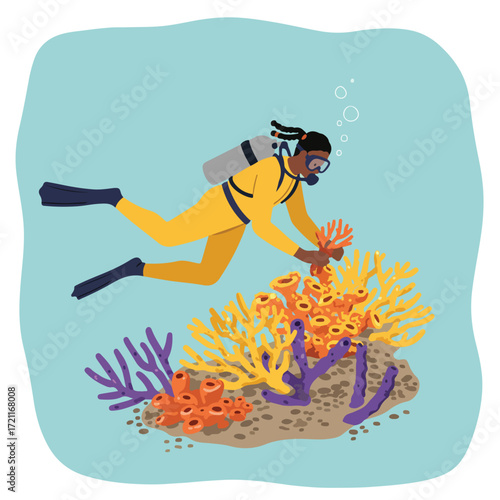 Diver in yellow suit interacting with coral, scuba gear, blue background