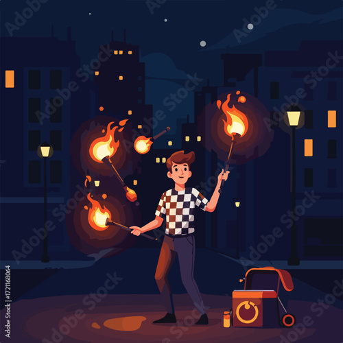 Fire performer juggles lit torches on an urban street at night