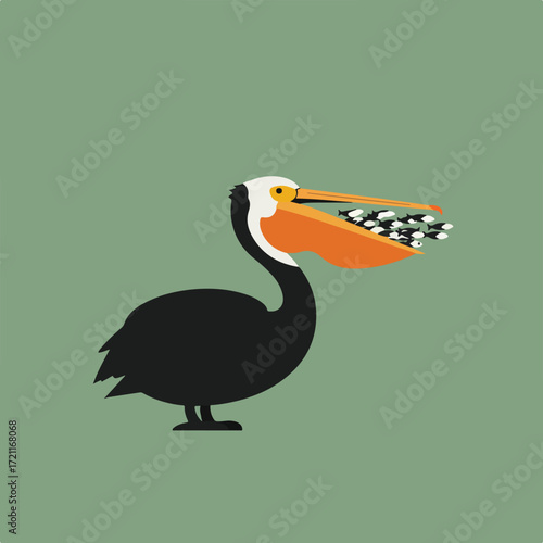 Cartoon pelican with orange beak full of fish on a green background