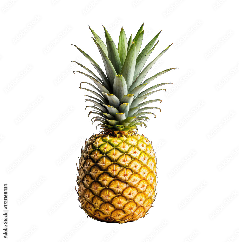 Fototapeta premium Close-up of a pineapple, vibrant yellow skin, sharp green leaves