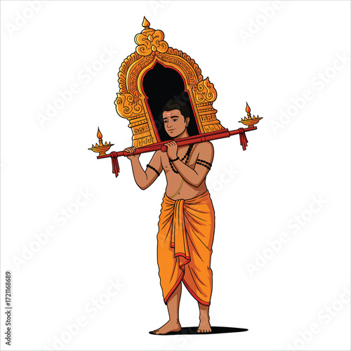Indian man carrying ornate palanquin during religious festival
