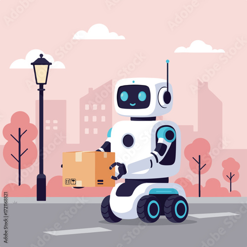 Delivery robot on wheels holds package in city park, lamp post nearby