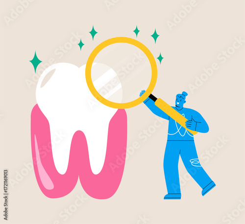Dental services vector concept. Woman holding magnifying glass checking huge tooth. Colorful vector illustration