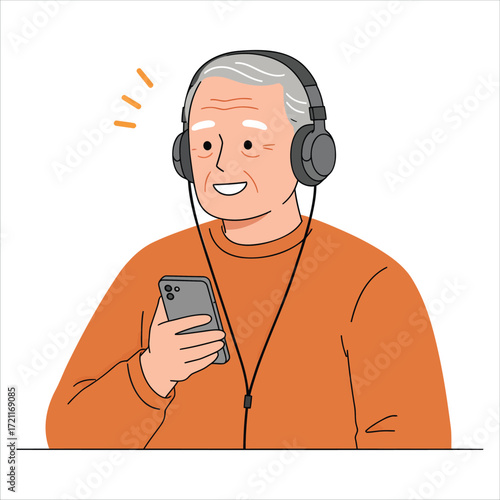 Happy Elderly Man Enjoying Music on Phone with Headphones