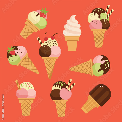 Assorted ice cream cones on orange background, vector graphics