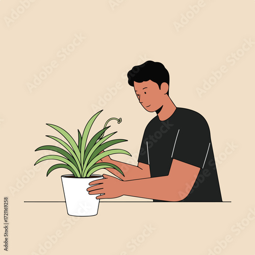 Man tending to a houseplant in a white pot, against a pale beige background