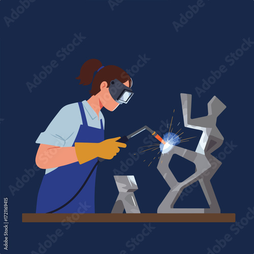Woman welds abstract metal sculpture, wearing protective gear, sparks flying