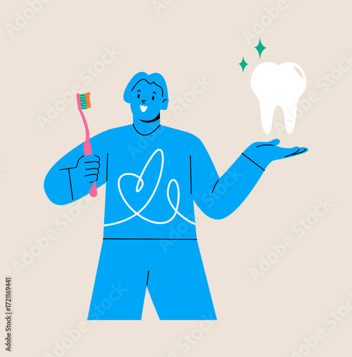 Woman holding a toothbrush and a white tooth. Brushing Teeth. Colorful vector illustration