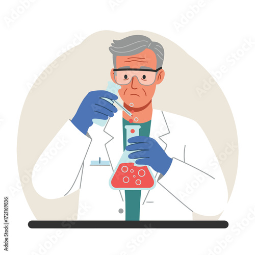 Scientist in lab coat conducting experiment with glassware and red liquid