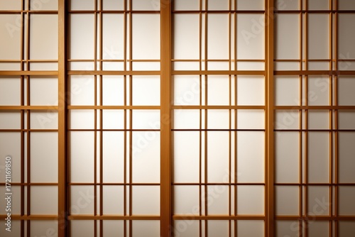 Wallpaper Mural Japanese Shoji Screen: A close-up view of a traditional Japanese shoji screen, its intricate grid pattern of wooden latticework and translucent paper creating a sense of zen and minimalist elegance.  Torontodigital.ca