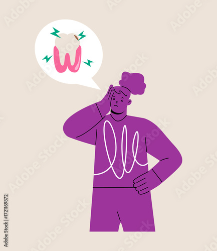 Woman feel aching tooth. Tooth pain concept. Colorful vector illustration