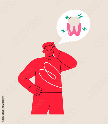 Man feel aching tooth. Tooth pain concept. Colorful vector illustration