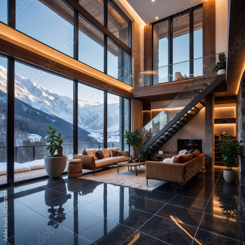 designer reception room in winter mountain home with tall clear windows showing spectacular snowy mountain background interior design wallpaper background