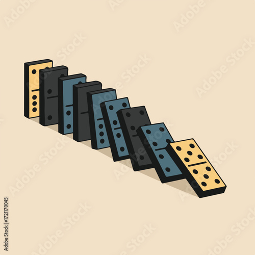 Falling row of illustrated dominoes with varied colors and dot patterns