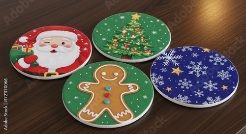 Festive Christmas themed drink coasters on wood surface decoration