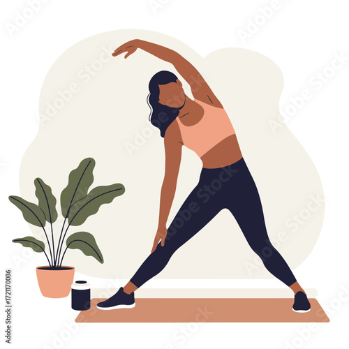 Woman stretching sideways on a mat with a plant, in simple illustration style