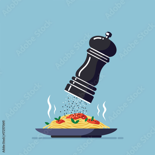 Pepper mill seasoning hot pasta on a plate, blue background