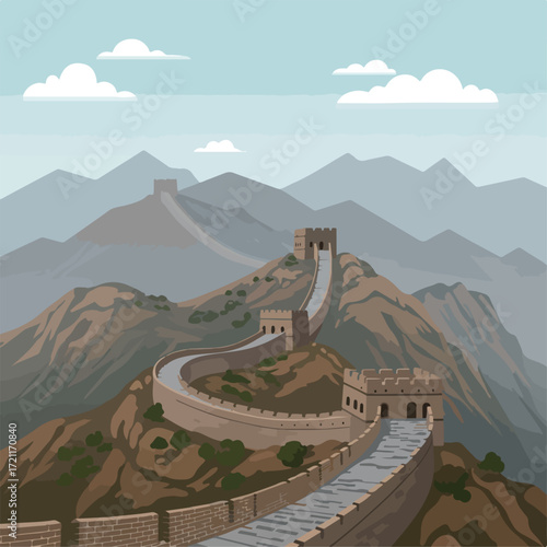 Winding Great Wall with watchtowers atop brown hills under cloudy skies