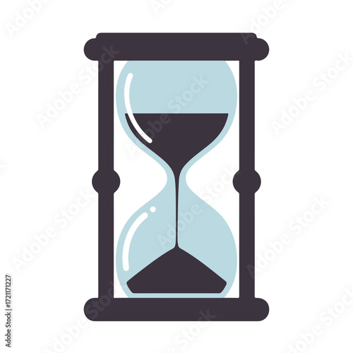 Simple hourglass with dark sand and muted blue glass, set in dark frame