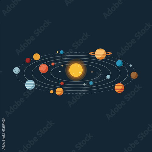 Stylized solar system illustration with orbits and planets on dark background