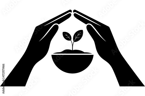 Silhouette of two hands forming a protective roof over a small plant growing in a pot icon art