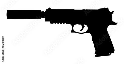 Silhouette depiction of a handgun with a silencer attached to the barrel against white backdrop