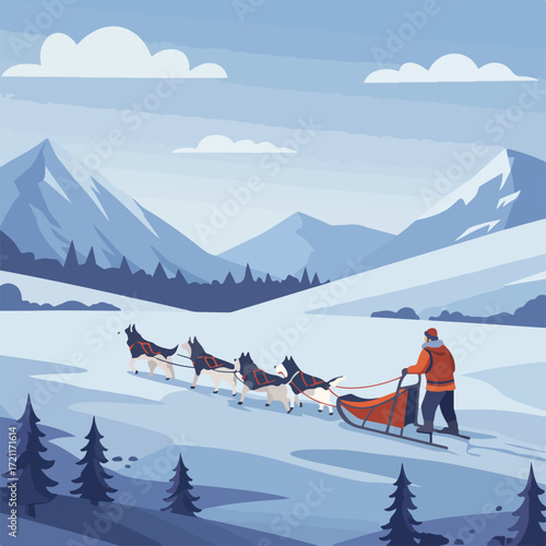 Dogsled team pulls a man through snowy mountain landscape, minimalist style