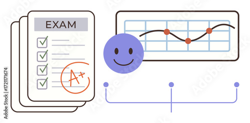 Exam results with checklist, grade A, smiling face, and performance graph. Ideal for education, success, achievement, analysis data visualization academic excellence motivation. Clean simple flat