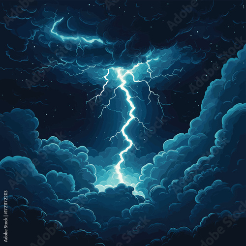 Dramatic Lightning Strike In Dark Stormy Sky , vector style simple color