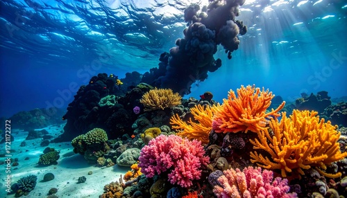 Vibrant Coral Reef Underwater Scene with Sunbeams