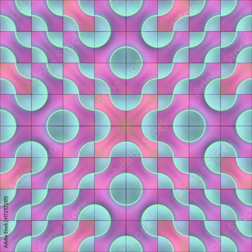 Digital illustration of a symmetrical pattern with bright colors and neon effects will fit perfectly in modern futuristic interiors, adding freshness and dynamism. 3d rendering