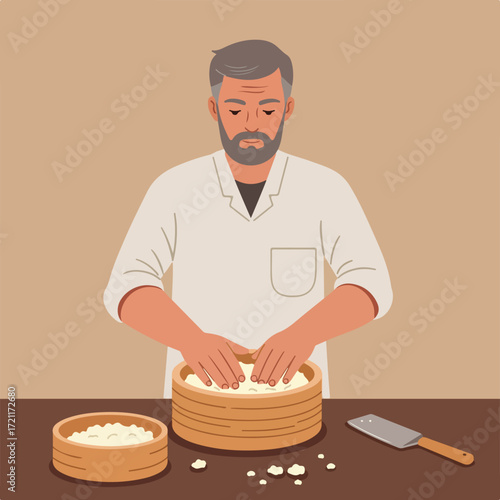 Mature chef prepares food in a wooden container on a dark brown table