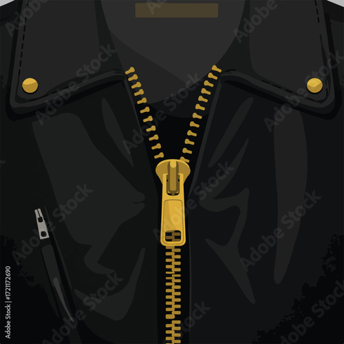 Black leather jacket with gold zipper, pockets, and rivets, stylized graphic